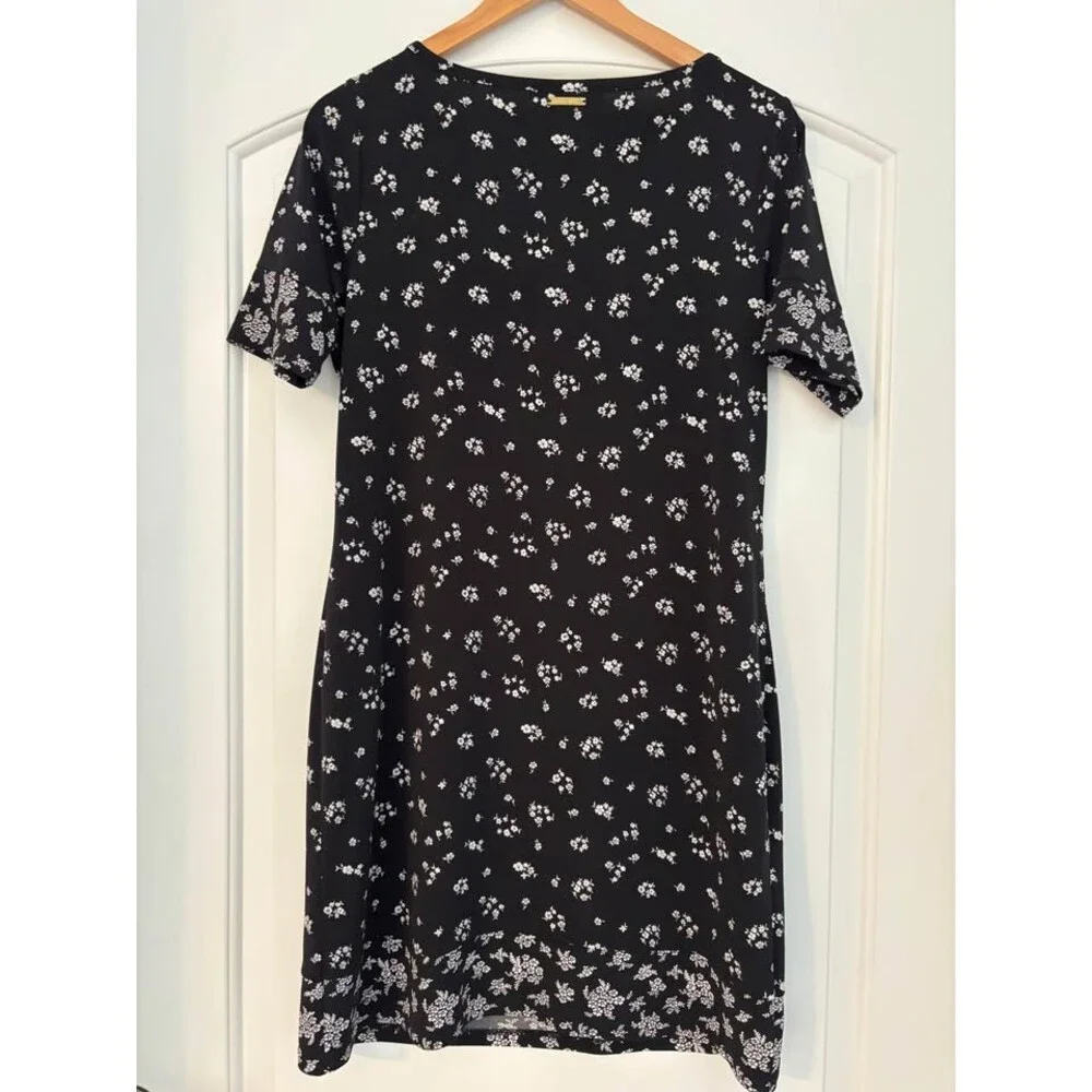 MICHAEL Michael Kors Black & White Ditsy Floral Shift Dress Short Sleeve Jersey